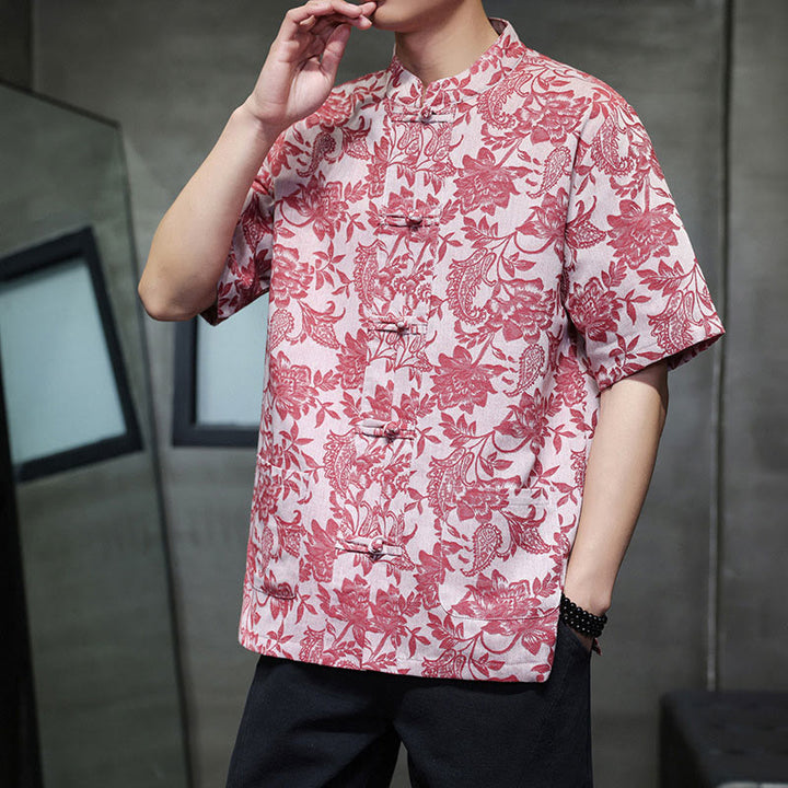 Buddha Stones Lässiges Jacquard-Baumwollhemd mit Paisley-Blumen-Pflanzenmuster und Froschknopf-Design für Herren mit Taschen - image 3