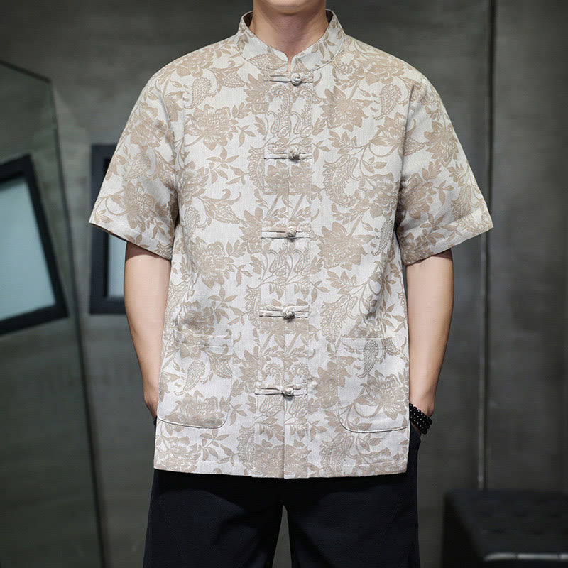 Buddha Stones Lässiges Jacquard-Baumwollhemd mit Paisley-Blumen-Pflanzenmuster und Froschknopf-Design für Herren mit Taschen - Bräunen - US/ UK/AU44, EU54 (4XL) - image 9