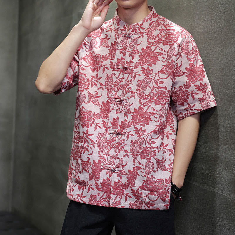 Buddha Stones Lässiges Jacquard-Baumwollhemd mit Paisley-Blumen-Pflanzenmuster und Froschknopf-Design für Herren mit Taschen - image 1