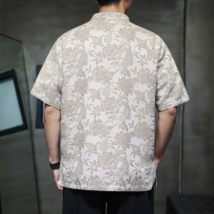 Buddha Stones Lässiges Jacquard-Baumwollhemd mit Paisley-Blumen-Pflanzenmuster und Froschknopf-Design für Herren mit Taschen