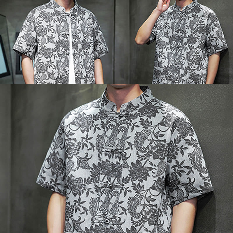 Buddha Stones Lässiges Jacquard-Baumwollhemd mit Paisley-Blumen-Pflanzenmuster und Froschknopf-Design für Herren mit Taschen
