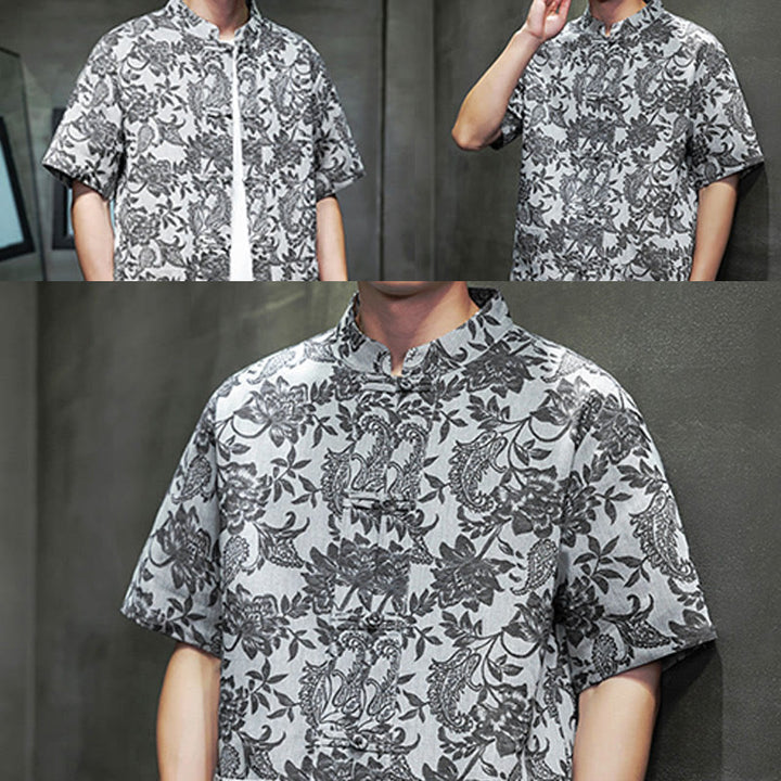 Buddha Stones Lässiges Jacquard-Baumwollhemd mit Paisley-Blumen-Pflanzenmuster und Froschknopf-Design für Herren mit Taschen