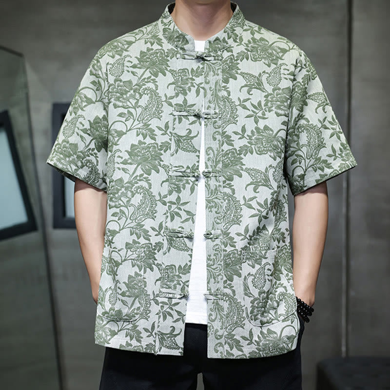 Buddha Stones Lässiges Jacquard-Baumwollhemd mit Paisley-Blumen-Pflanzenmuster und Froschknopf-Design für Herren mit Taschen