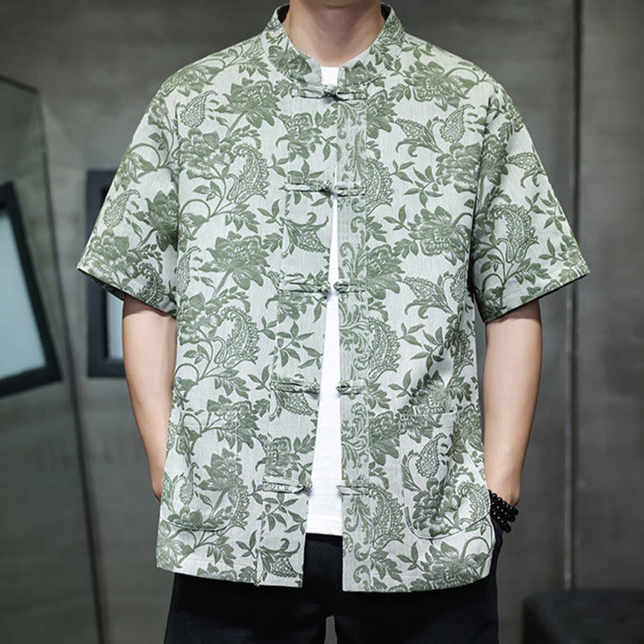 Buddha Stones Lässiges Jacquard-Baumwollhemd mit Paisley-Blumen-Pflanzenmuster und Froschknopf-Design für Herren mit Taschen