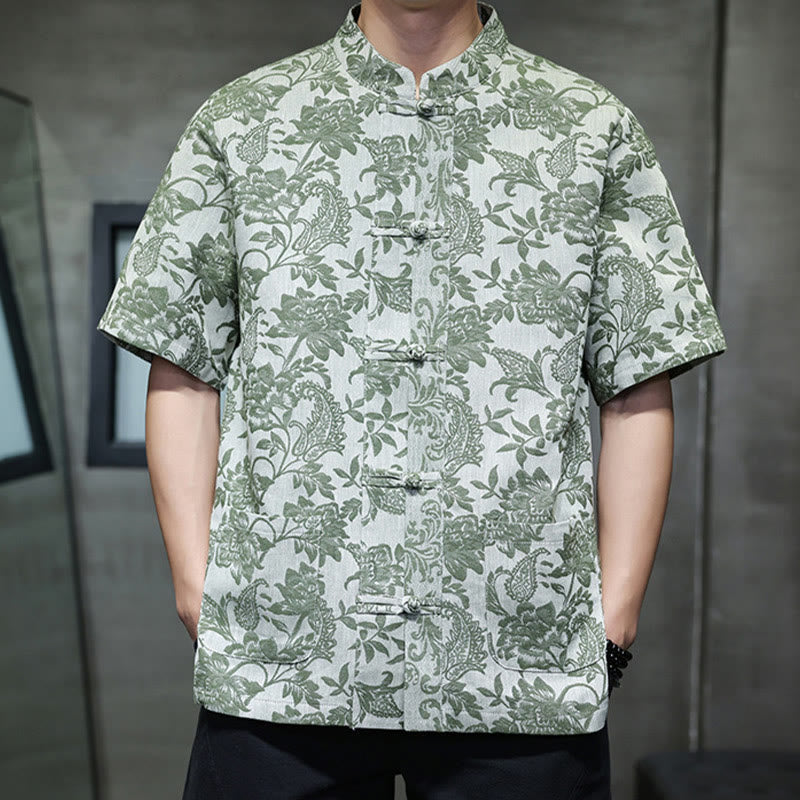 Buddha Stones Lässiges Jacquard-Baumwollhemd mit Paisley-Blumen-Pflanzenmuster und Froschknopf-Design für Herren mit Taschen