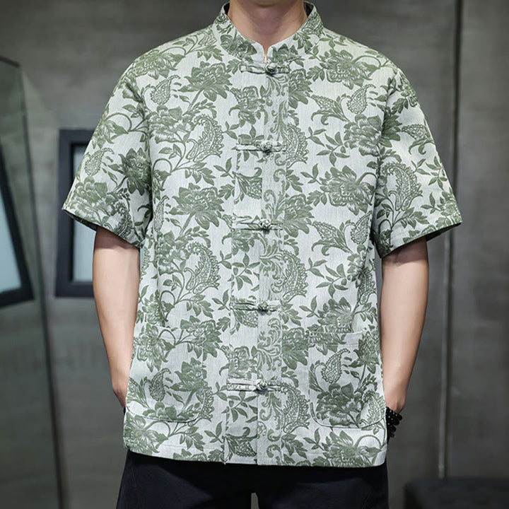 Buddha Stones Lässiges Jacquard-Baumwollhemd mit Paisley-Blumen-Pflanzenmuster und Froschknopf-Design für Herren mit Taschen