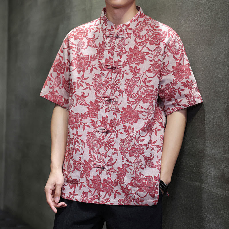 Buddha Stones Lässiges Jacquard-Baumwollhemd mit Paisley-Blumen-Pflanzenmuster und Froschknopf-Design für Herren mit Taschen