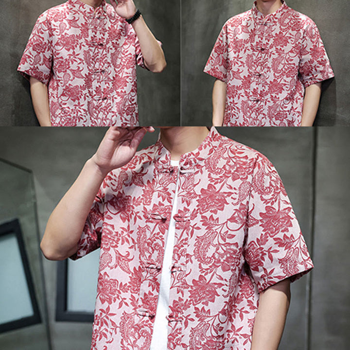 Buddha Stones Lässiges Jacquard-Baumwollhemd mit Paisley-Blumen-Pflanzenmuster und Froschknopf-Design für Herren mit Taschen