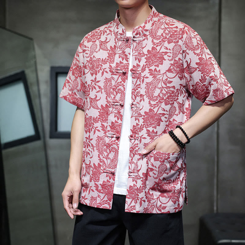 Buddha Stones Lässiges Jacquard-Baumwollhemd mit Paisley-Blumen-Pflanzenmuster und Froschknopf-Design für Herren mit Taschen - image 5