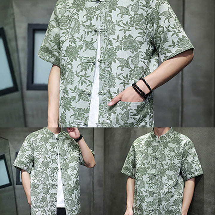 Buddha Stones Lässiges Jacquard-Baumwollhemd mit Paisley-Blumen-Pflanzenmuster und Froschknopf-Design für Herren mit Taschen