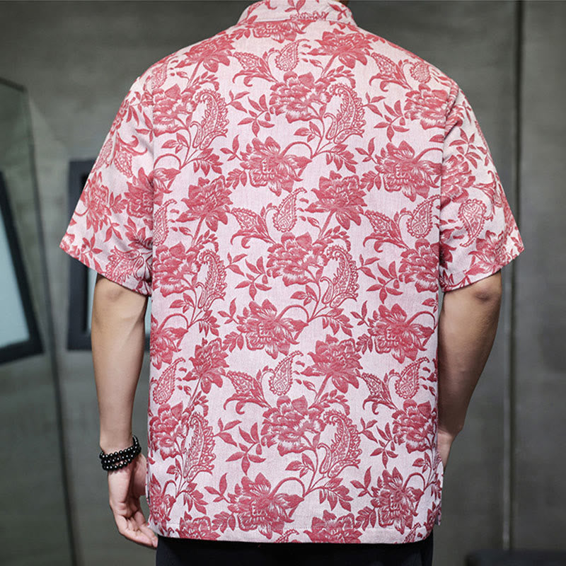 Buddha Stones Lässiges Jacquard-Baumwollhemd mit Paisley-Blumen-Pflanzenmuster und Froschknopf-Design für Herren mit Taschen