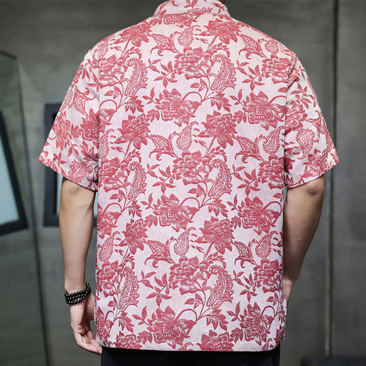 Buddha Stones Lässiges Jacquard-Baumwollhemd mit Paisley-Blumen-Pflanzenmuster und Froschknopf-Design für Herren mit Taschen