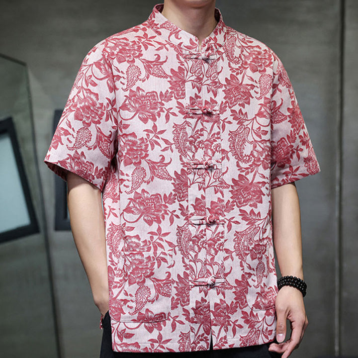 Buddha Stones Lässiges Jacquard-Baumwollhemd mit Paisley-Blumen-Pflanzenmuster und Froschknopf-Design für Herren mit Taschen