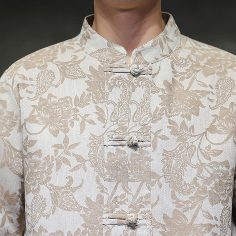Buddha Stones Lässiges Jacquard-Baumwollhemd mit Paisley-Blumen-Pflanzenmuster und Froschknopf-Design für Herren mit Taschen