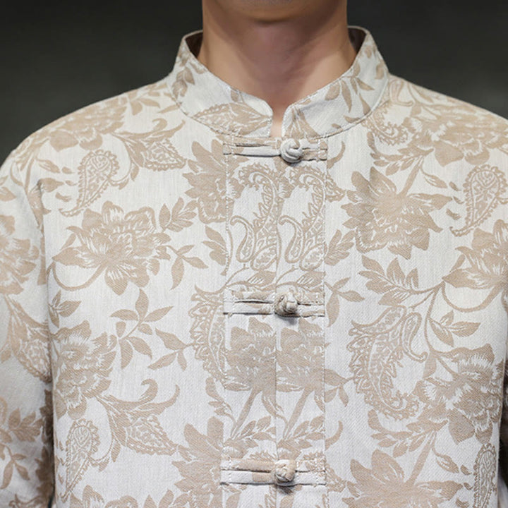 Buddha Stones Lässiges Jacquard-Baumwollhemd mit Paisley-Blumen-Pflanzenmuster und Froschknopf-Design für Herren mit Taschen