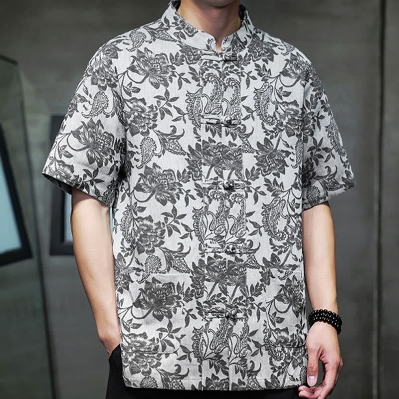 Buddha Stones Lässiges Jacquard-Baumwollhemd mit Paisley-Blumen-Pflanzenmuster und Froschknopf-Design für Herren mit Taschen
