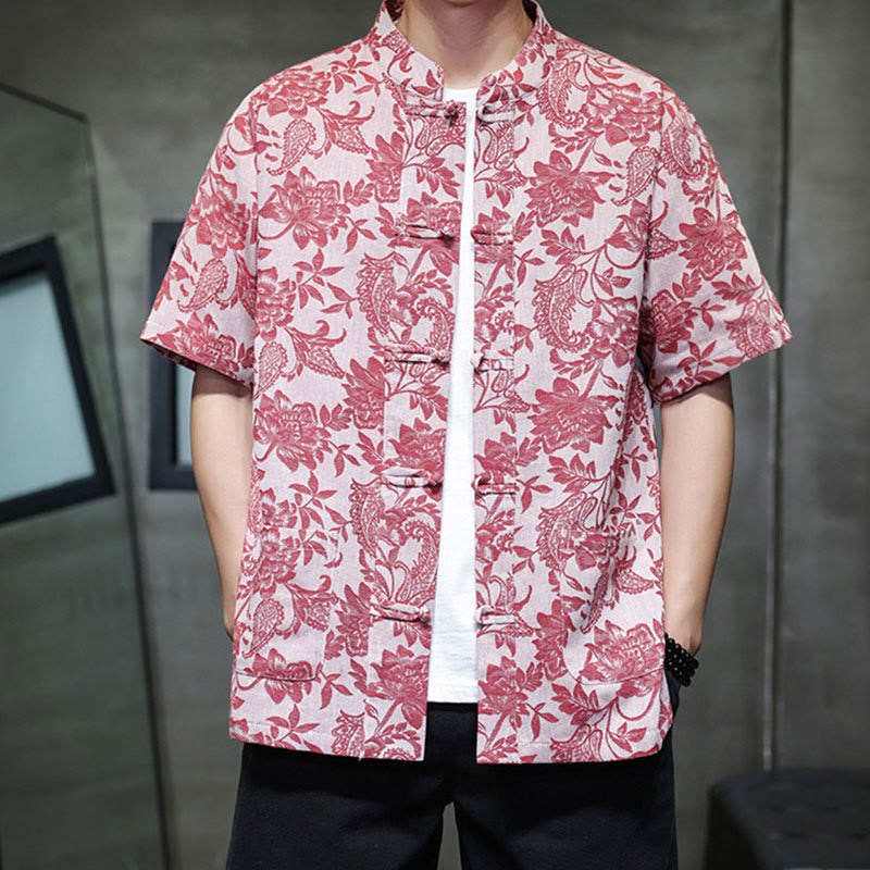 Buddha Stones Lässiges Jacquard-Baumwollhemd mit Paisley-Blumen-Pflanzenmuster und Froschknopf-Design für Herren mit Taschen