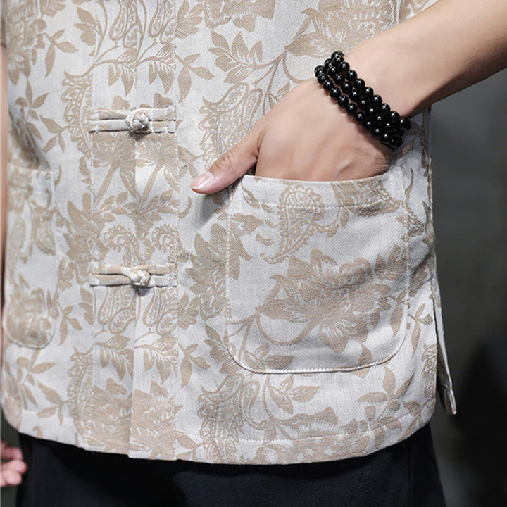 Buddha Stones Lässiges Jacquard-Baumwollhemd mit Paisley-Blumen-Pflanzenmuster und Froschknopf-Design für Herren mit Taschen