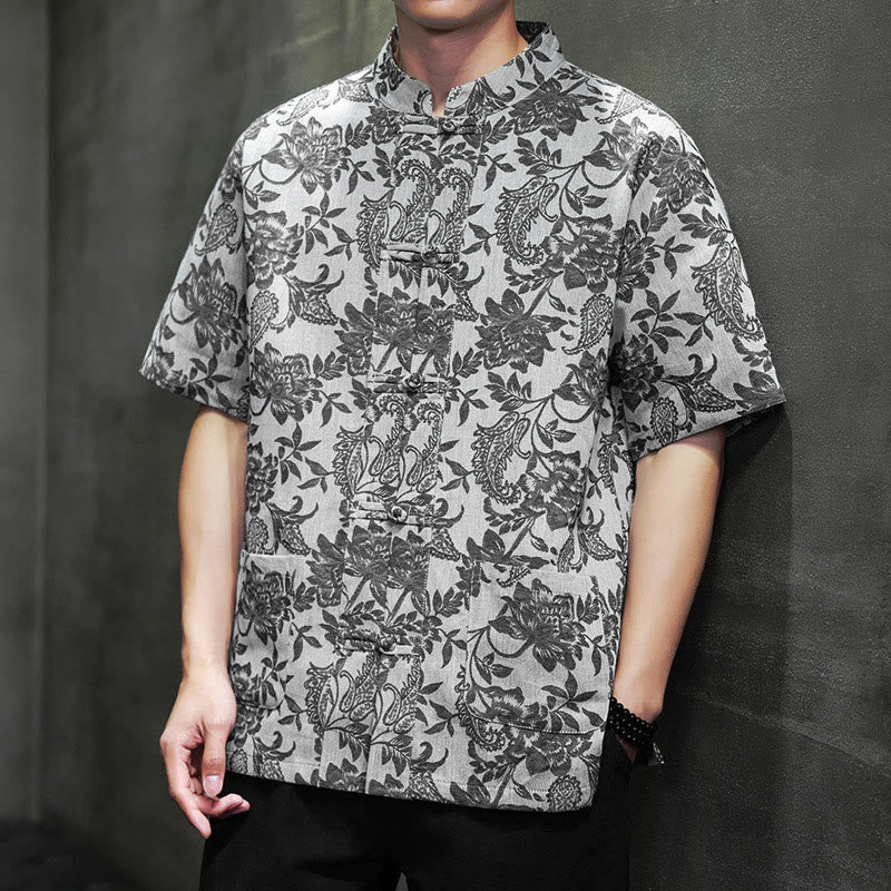 Buddha Stones Lässiges Jacquard-Baumwollhemd mit Paisley-Blumen-Pflanzenmuster und Froschknopf-Design für Herren mit Taschen