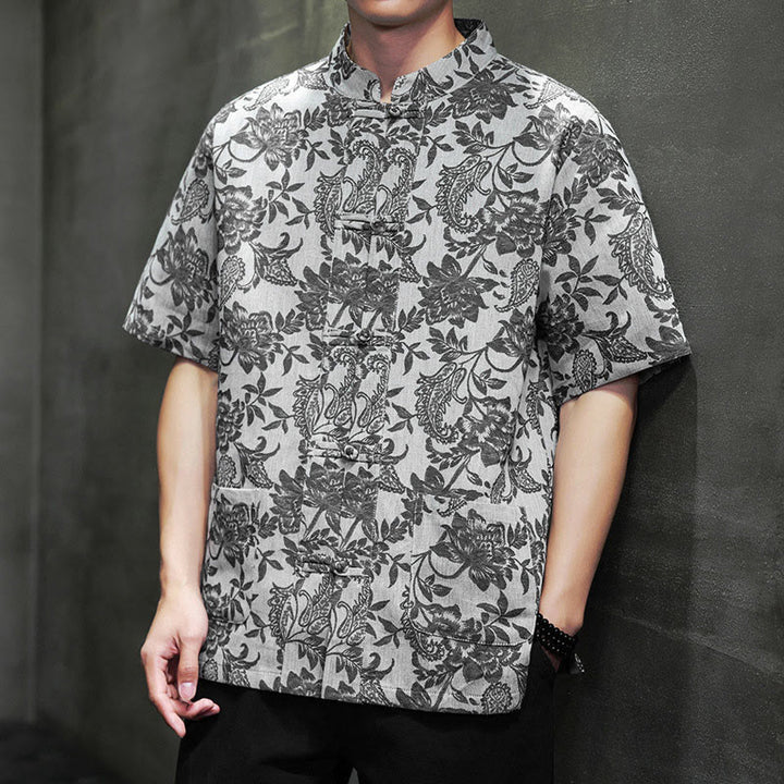 Buddha Stones Lässiges Jacquard-Baumwollhemd mit Paisley-Blumen-Pflanzenmuster und Froschknopf-Design für Herren mit Taschen