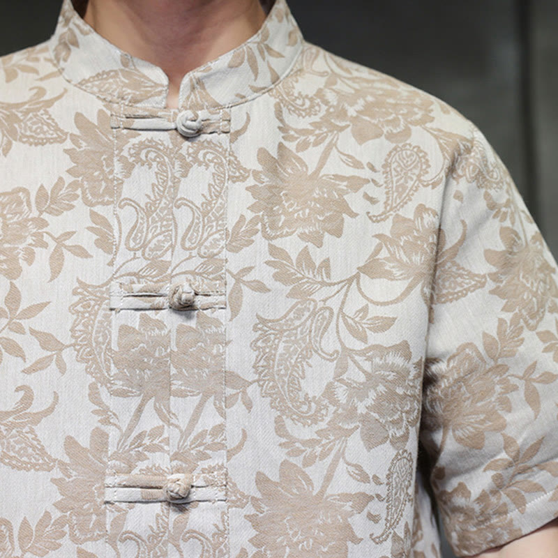 Buddha Stones Lässiges Jacquard-Baumwollhemd mit Paisley-Blumen-Pflanzenmuster und Froschknopf-Design für Herren mit Taschen