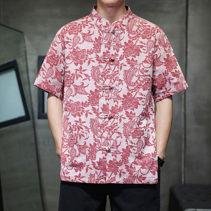 Buddha Stones Lässiges Jacquard-Baumwollhemd mit Paisley-Blumen-Pflanzenmuster und Froschknopf-Design für Herren mit Taschen - Blassviolettrot - US/ UK/AU44, EU54 (4XL) - image 0