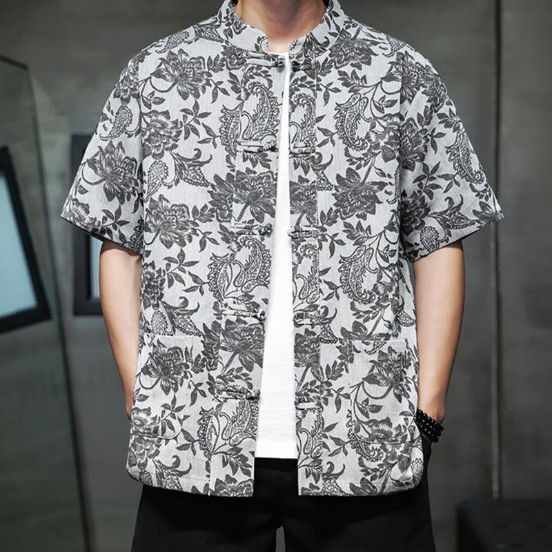 Buddha Stones Lässiges Jacquard-Baumwollhemd mit Paisley-Blumen-Pflanzenmuster und Froschknopf-Design für Herren mit Taschen