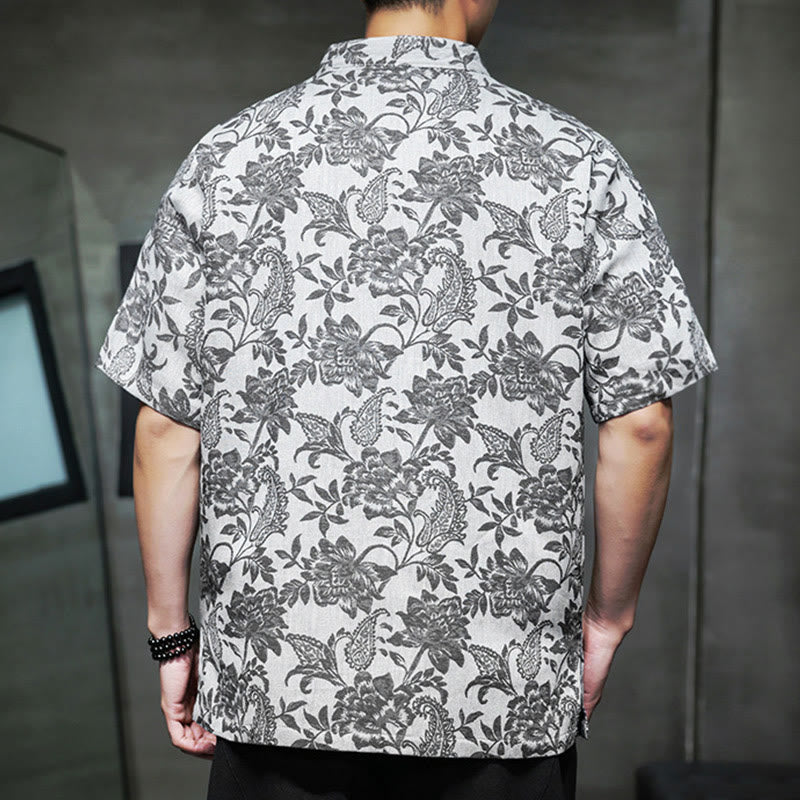 Buddha Stones Lässiges Jacquard-Baumwollhemd mit Paisley-Blumen-Pflanzenmuster und Froschknopf-Design für Herren mit Taschen