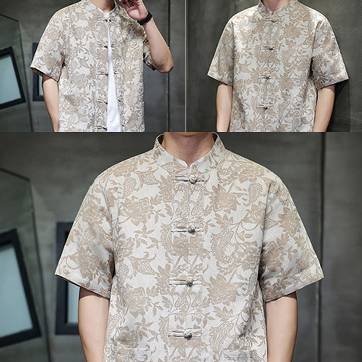 Buddha Stones Lässiges Jacquard-Baumwollhemd mit Paisley-Blumen-Pflanzenmuster und Froschknopf-Design für Herren mit Taschen