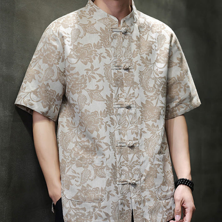 Buddha Stones Lässiges Jacquard-Baumwollhemd mit Paisley-Blumen-Pflanzenmuster und Froschknopf-Design für Herren mit Taschen