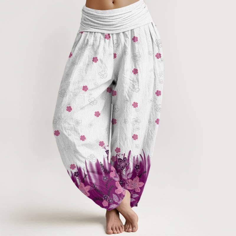 Buddha Stones Lässige Haremshose für Damen mit Blumen- und Grasmuster und elastischer Taille - Lila - US22， UK/AU26，EU54 (6XL) - image 1