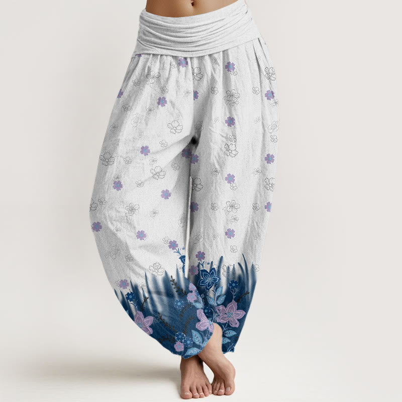 Buddha Stones Lässige Haremshose für Damen mit Blumen- und Grasmuster und elastischer Taille - Stahlblau - US22， UK/AU26，EU54 (6XL) - image 5