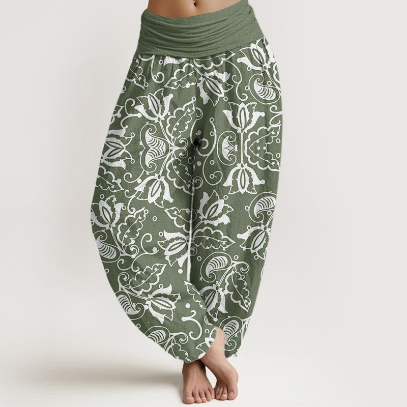Buddha Stones Lässige Haremshose mit Pflanzenblättern, Paisley-Vortex-Muster, elastischer Bund für Damen - DunkelMeergrün - US22， UK/AU26，EU54 (6XL) - image 1