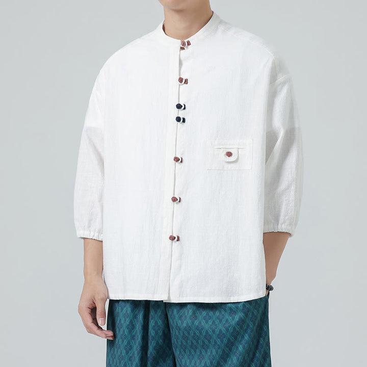 Buddha Stones Sommer-Frosch-Knopfleiste vorne, Stehkragen, Herren-Baumwollhemd mit Dreiviertelärmeln und Tasche - image 3