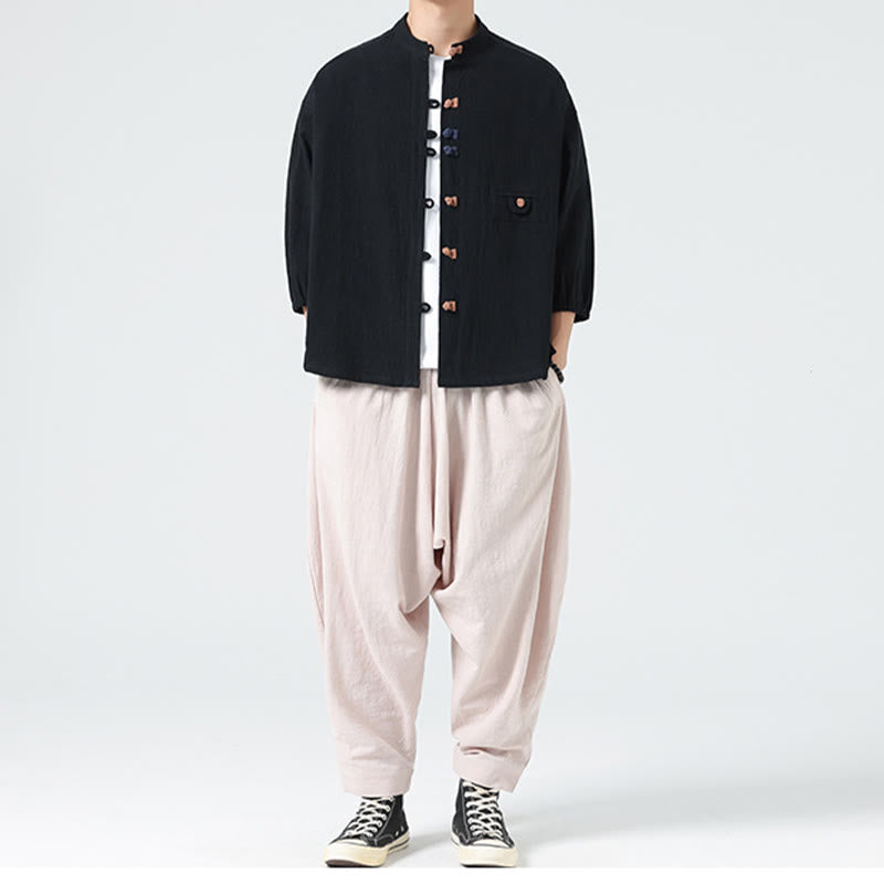 Buddha Stones Sommer-Frosch-Knopfleiste vorne, Stehkragen, Herren-Baumwollhemd mit Dreiviertelärmeln und Tasche - image 17