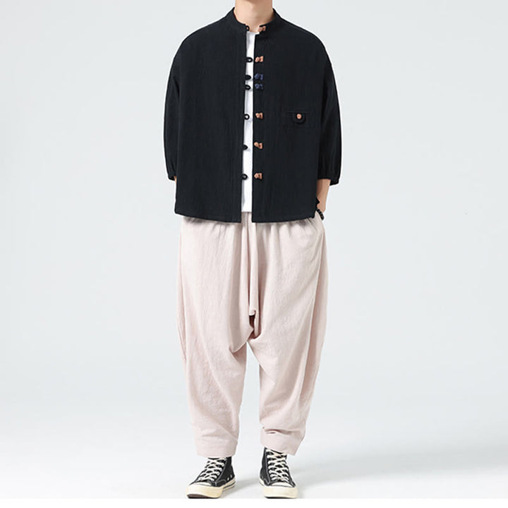 Buddha Stones Sommer-Frosch-Knopfleiste vorne, Stehkragen, Herren-Baumwollhemd mit Dreiviertelärmeln und Tasche - image 17