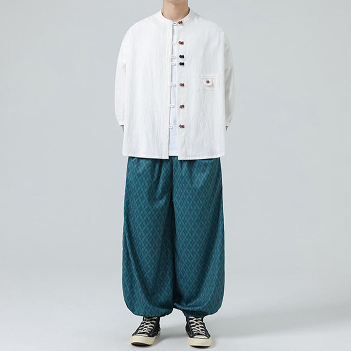 Buddha Stones Sommer-Frosch-Knopfleiste vorne, Stehkragen, Herren-Baumwollhemd mit Dreiviertelärmeln und Tasche - image 6