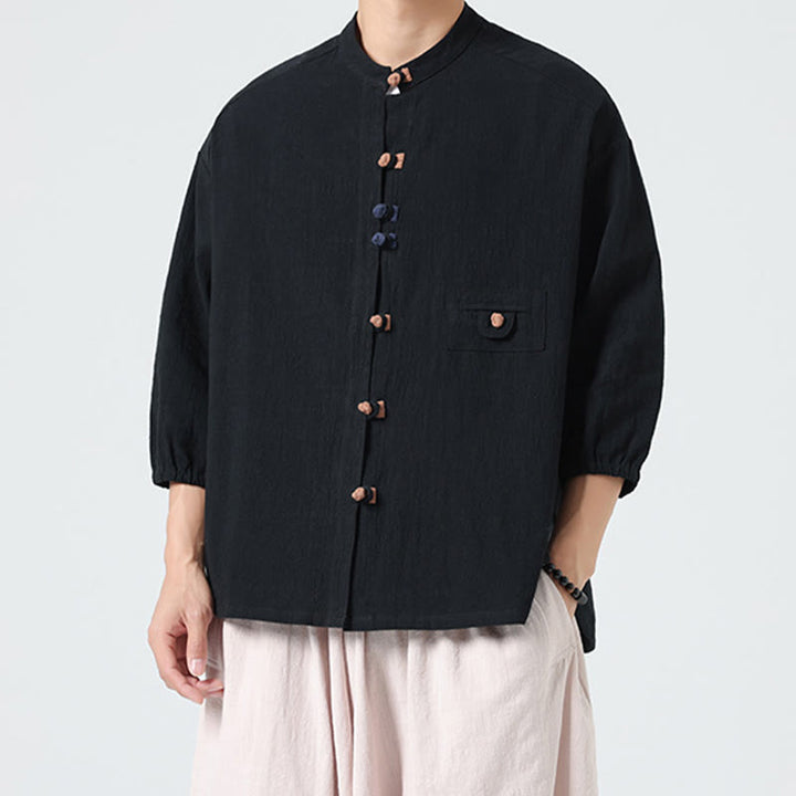 Buddha Stones Sommer-Frosch-Knopfleiste vorne, Stehkragen, Herren-Baumwollhemd mit Dreiviertelärmeln und Tasche - image 12