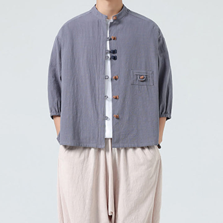 Buddha Stones Sommer-Frosch-Knopfleiste vorne, Stehkragen, Herren-Baumwollhemd mit Dreiviertelärmeln und Tasche - image 24