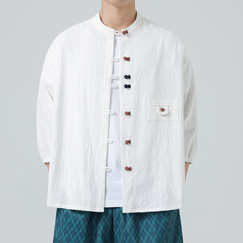 Buddha Stones Sommer-Frosch-Knopfleiste vorne, Stehkragen, Herren-Baumwollhemd mit Dreiviertelärmeln und Tasche - image 4