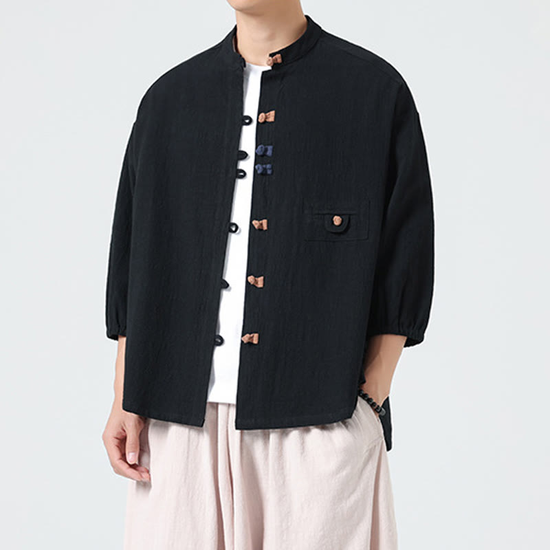 Buddha Stones Sommer-Frosch-Knopfleiste vorne, Stehkragen, Herren-Baumwollhemd mit Dreiviertelärmeln und Tasche - image 10