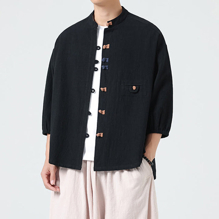 Buddha Stones Sommer-Frosch-Knopfleiste vorne, Stehkragen, Herren-Baumwollhemd mit Dreiviertelärmeln und Tasche - image 10