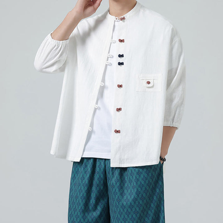 Buddha Stones Sommer-Frosch-Knopfleiste vorne, Stehkragen, Herren-Baumwollhemd mit Dreiviertelärmeln und Tasche - Weiß - US/ UK/AU46, EU56 (5XL) - image 0