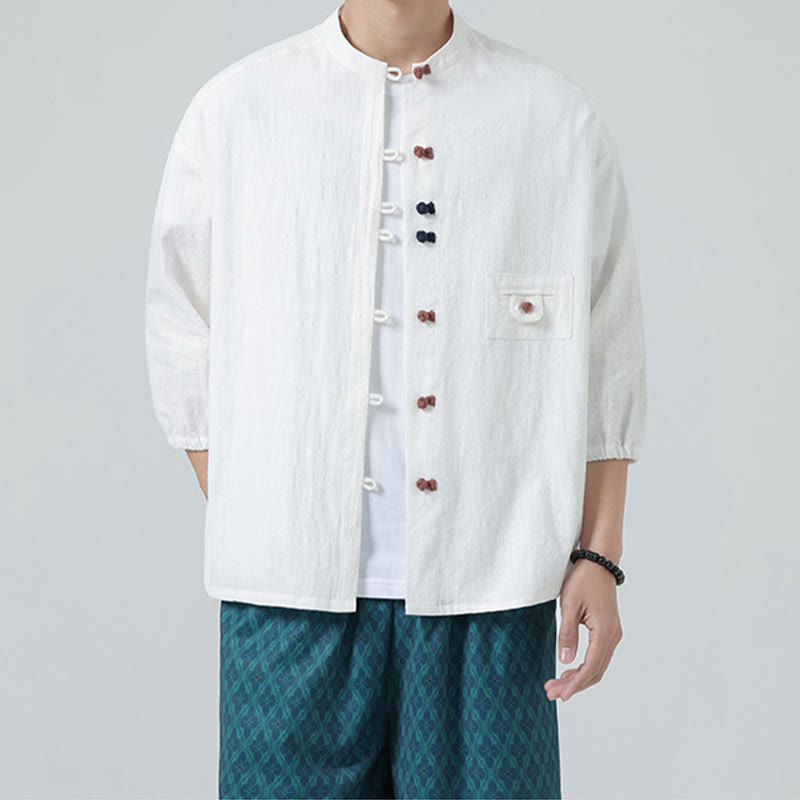 Buddha Stones Sommer-Frosch-Knopfleiste vorne, Stehkragen, Herren-Baumwollhemd mit Dreiviertelärmeln und Tasche - image 2