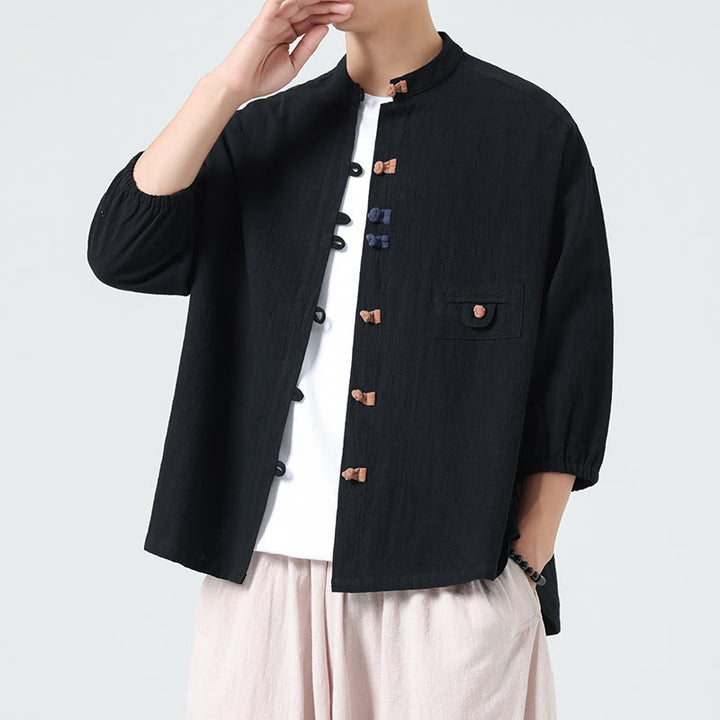 Buddha Stones Sommer-Frosch-Knopfleiste vorne, Stehkragen, Herren-Baumwollhemd mit Dreiviertelärmeln und Tasche - Schwarz - US/ UK/AU46, EU56 (5XL) - image 9