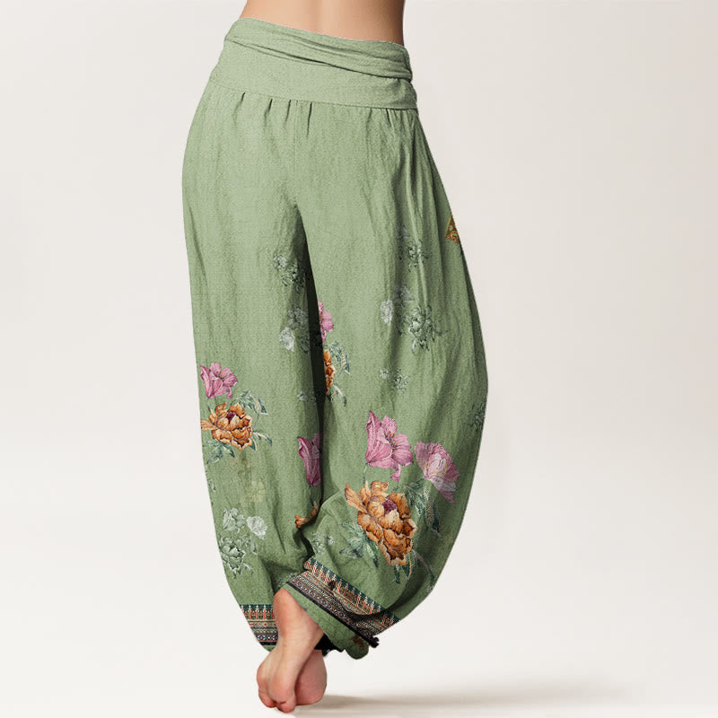 Buddha Stones Lässige Haremshose mit Pflanzen-Pfingstrosenblüten-Muster für Damen, elastische Taille - image 3