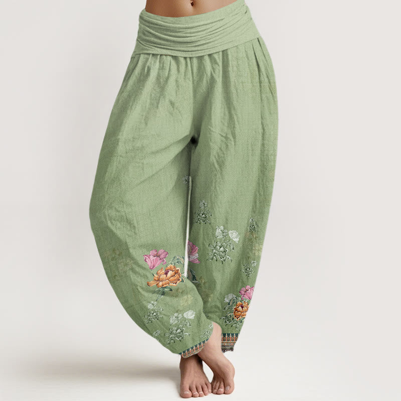 Buddha Stones Lässige Haremshose mit Pflanzen-Pfingstrosenblüten-Muster für Damen, elastische Taille - GelbGrün - US22， UK/AU26，EU54 (6XL) - image 1