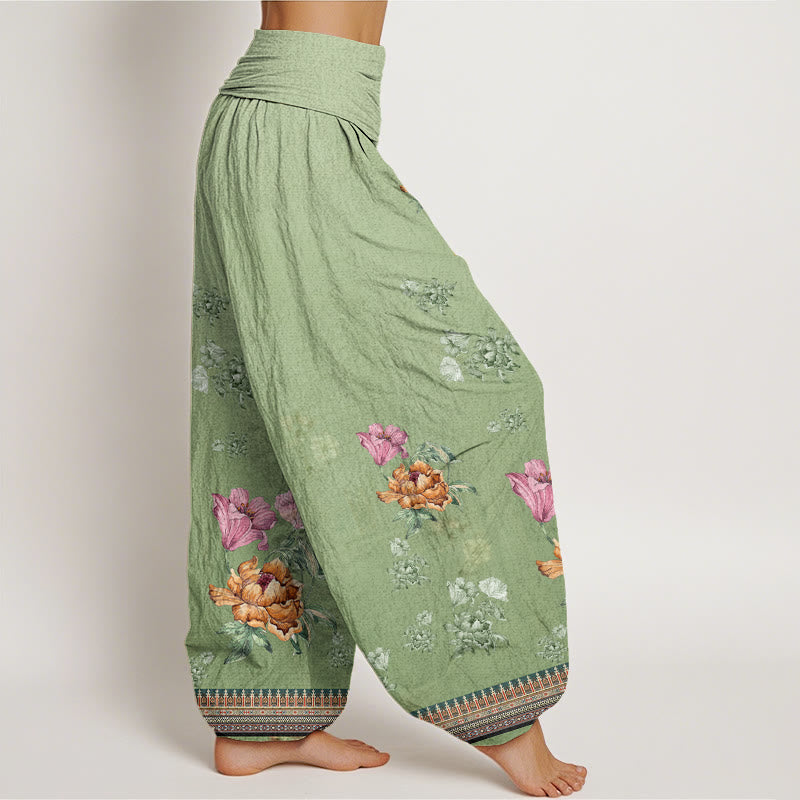 Buddha Stones Lässige Haremshose mit Pflanzen-Pfingstrosenblüten-Muster für Damen, elastische Taille - image 2