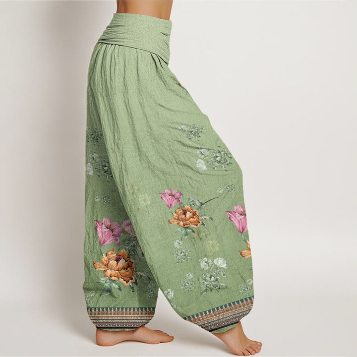 Buddha Stones Lässige Haremshose mit Pflanzen-Pfingstrosenblüten-Muster für Damen, elastische Taille - image 2