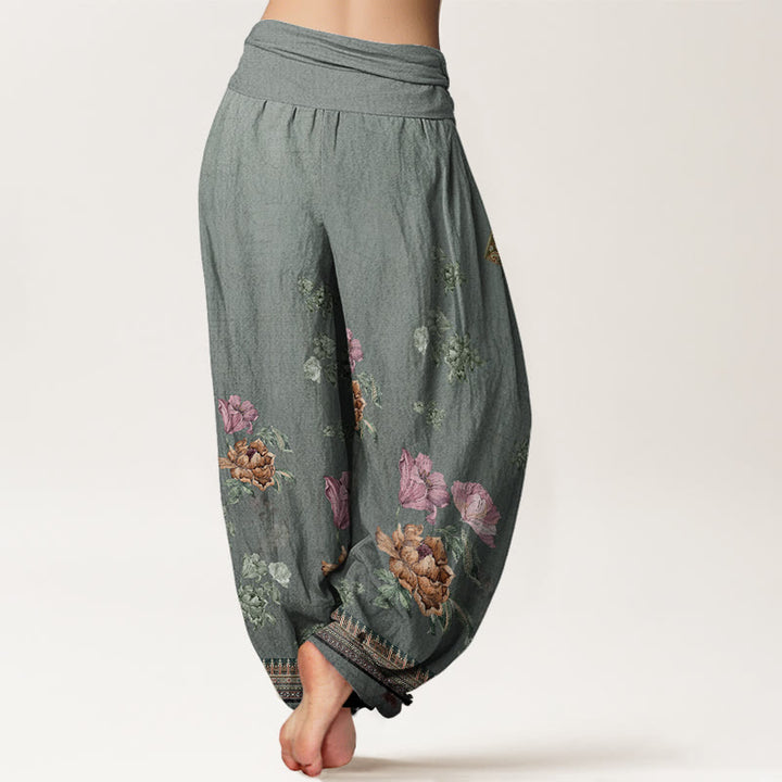 Buddha Stones Lässige Haremshose mit Pflanzen-Pfingstrosenblüten-Muster für Damen, elastische Taille - image 7